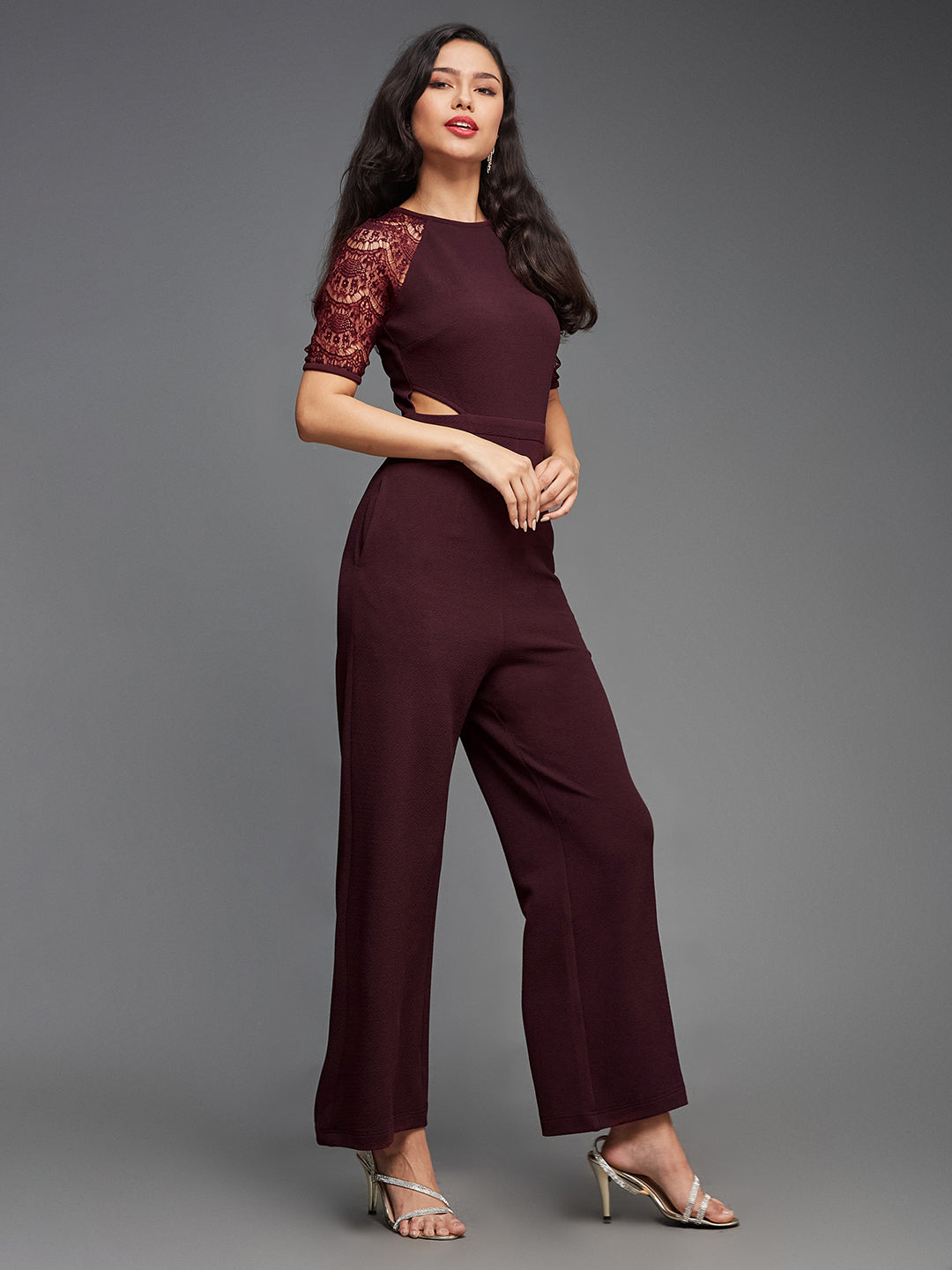 Crease Ease Women's Dark Purple Raglan Half Sleeve Solid Waist Cut-Out Regular Length Jumpsuit