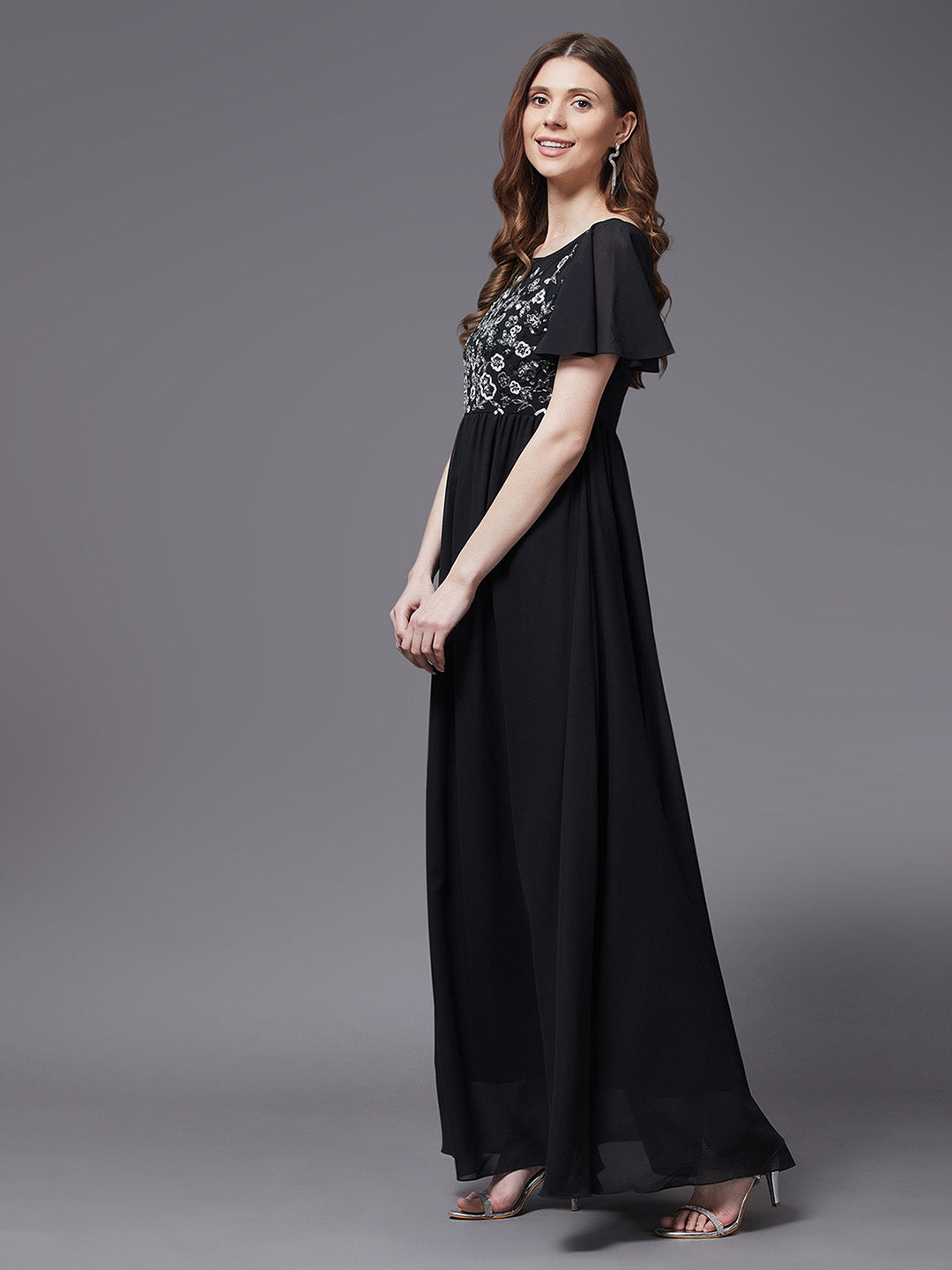 Women's Black Embellished Gathered Maxi Dress