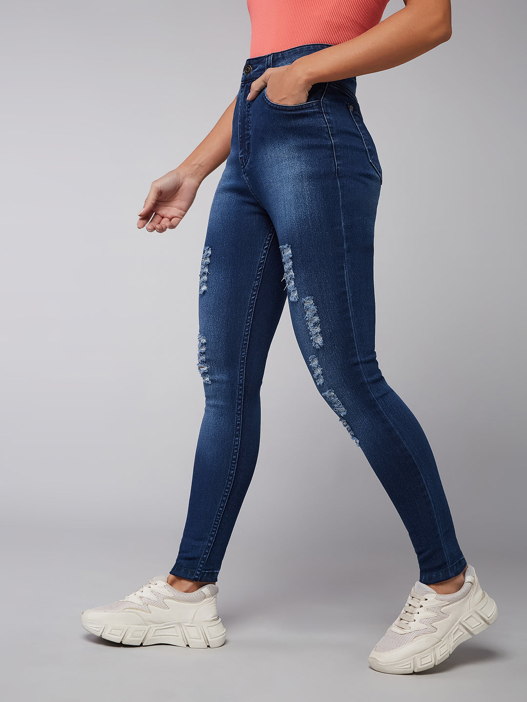 Women's Blue Skinny Fit Mid Rise Mildly Distressed Regular Length Ripped Denim Jeans