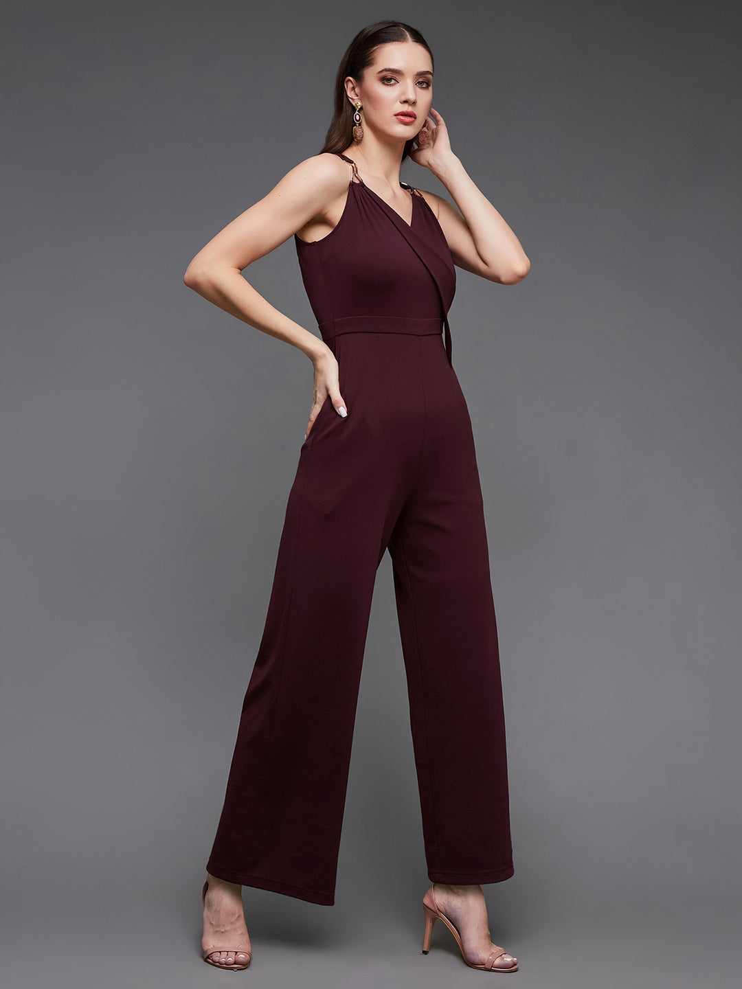 Crease Ease Women's Wine V-Neck Sleeveless Solid Wrap Regular Jumpsuit