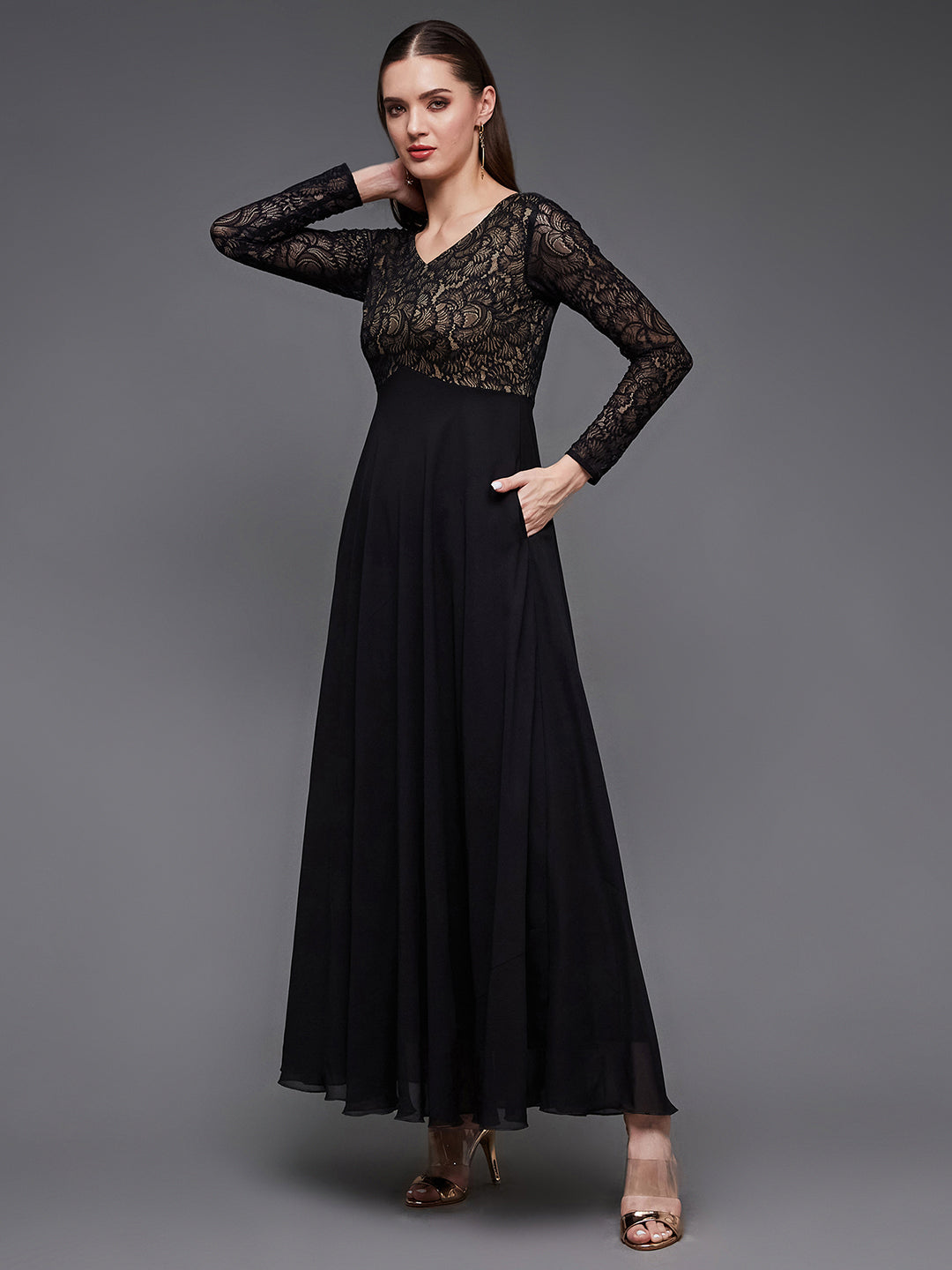 Women's Black V-Neck Full Sleeve Self Design Lace-Overlaid Georgette Maxi Dress