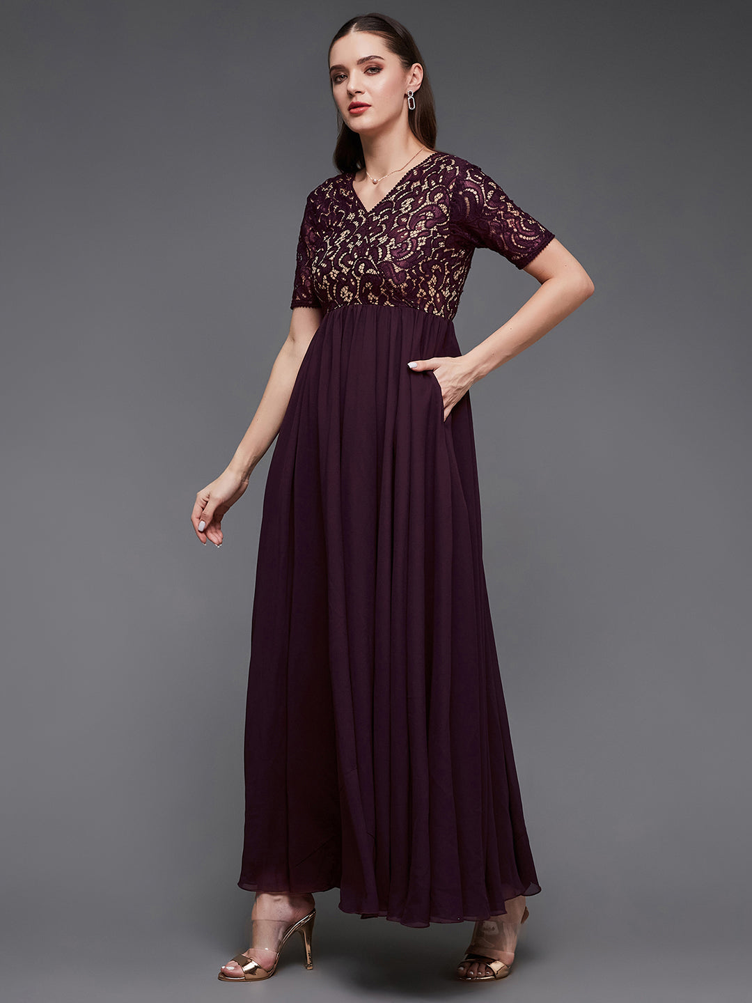 Wine V-Neck Half Sleeve Self Designed Wrap Georgette Maxi Dress for Women — Miss Chase
