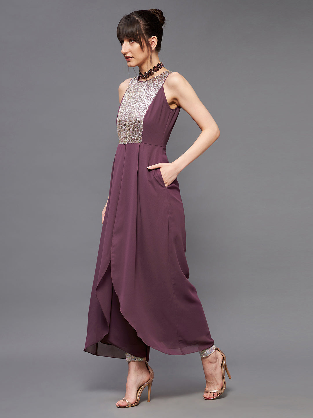 Women's Mauve Halter Sleeveless Sequined Pleated Layered Party Jumpsuit