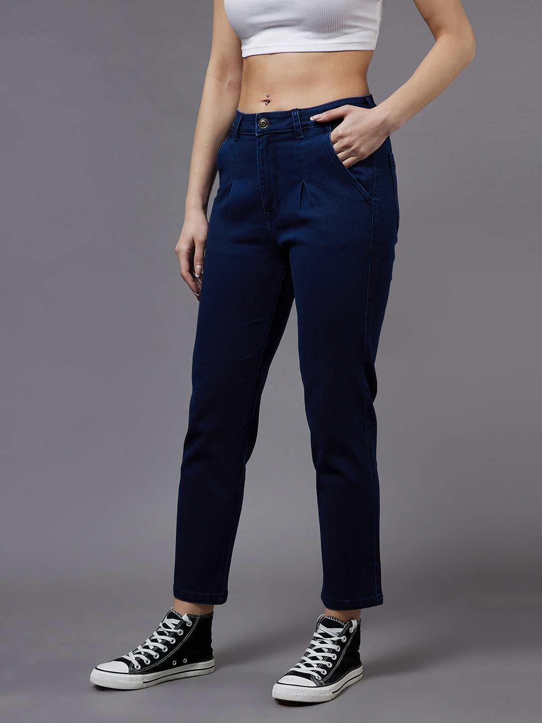 Women's Navy Blue Tapered Fit High Rise Stretchable Denim Jeans