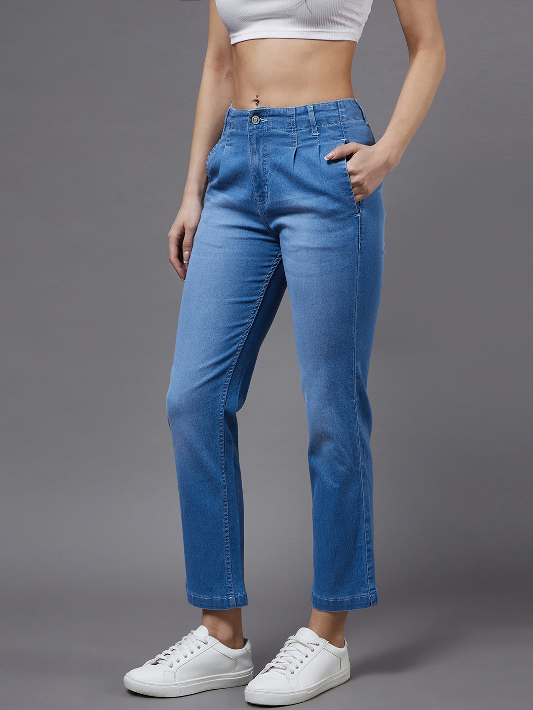 24/7 Comfort Mid Blue Straight High Rise Stretchable Denim Jeans