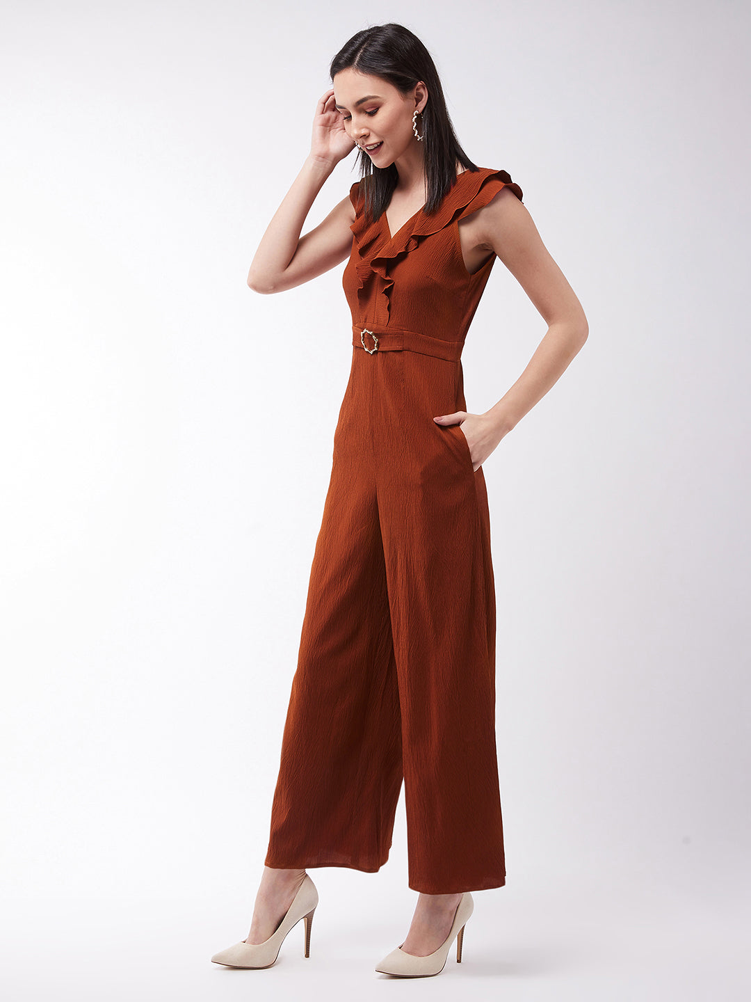 Women's Rust V-Neck Sleeveless Solid Wide-Leg/Ruffles Regular Jumpsuit