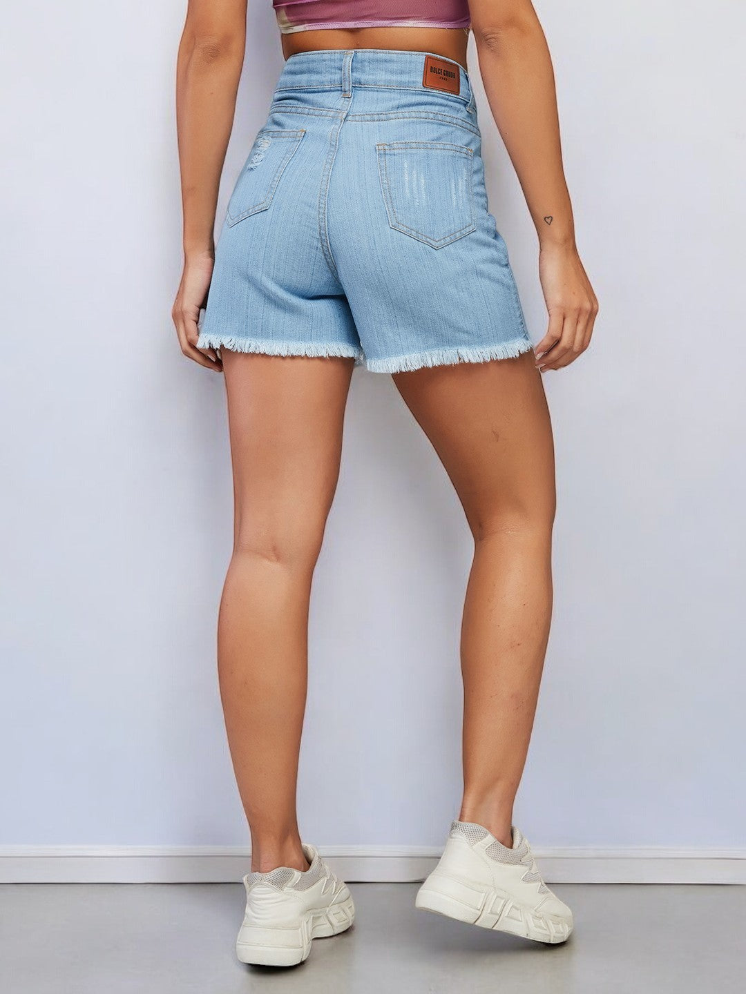 Women's Blue Relaxed Fit Mid Rise Highly Distressed Regular Length Denim Shorts