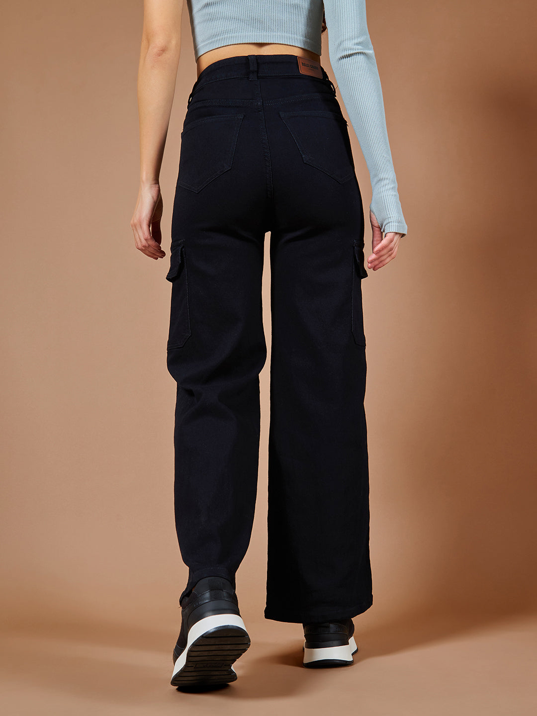 24/7 Comfort Women's Black Wide Leg High Rise Clean Look Patch Pocketed Regular Stretchable Denim Jeans