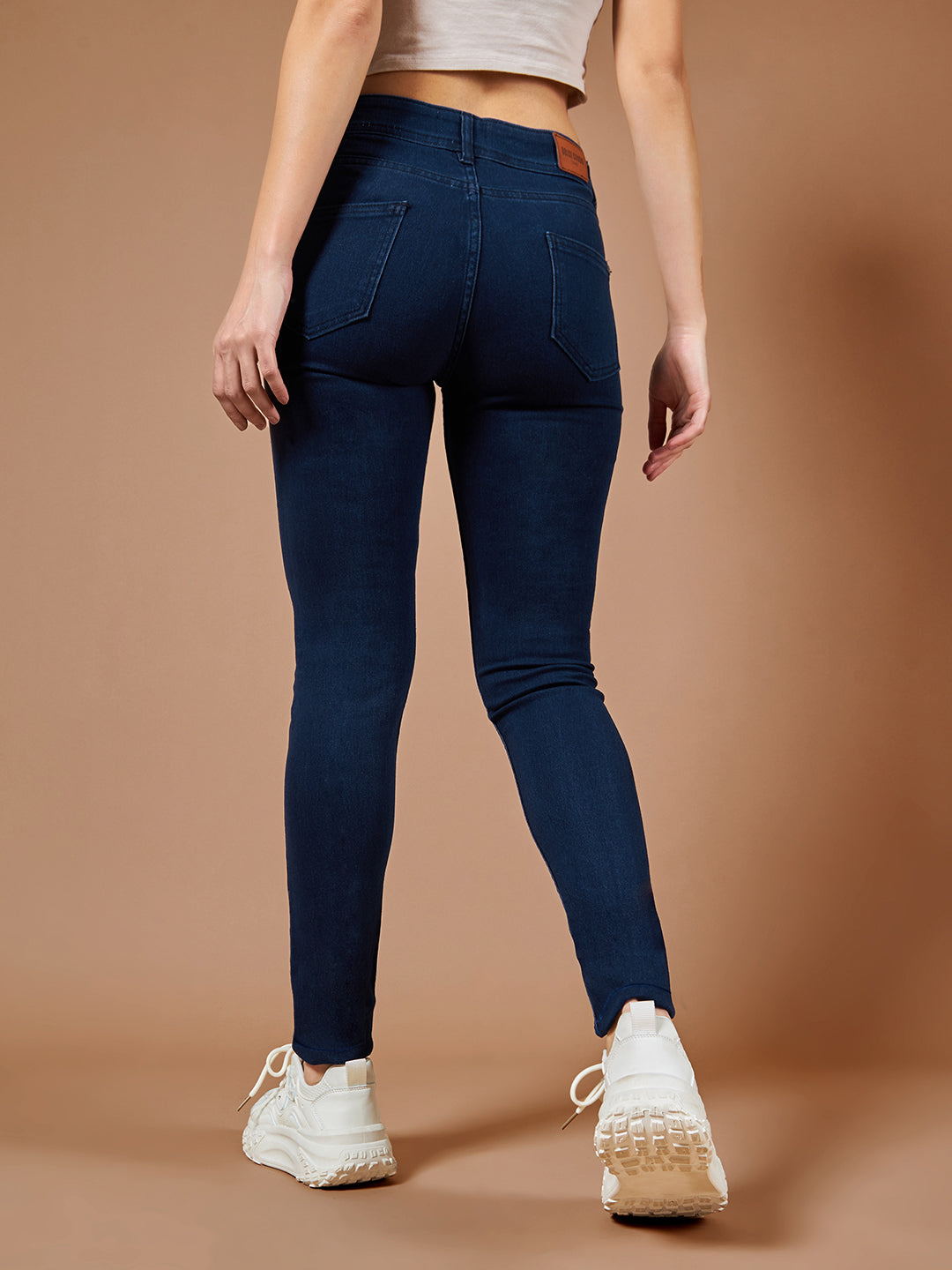 Women's Navy Blue Skinny Fit High Rise Regular Length Clean Look Knee Slit Denim Stretchable Jeans