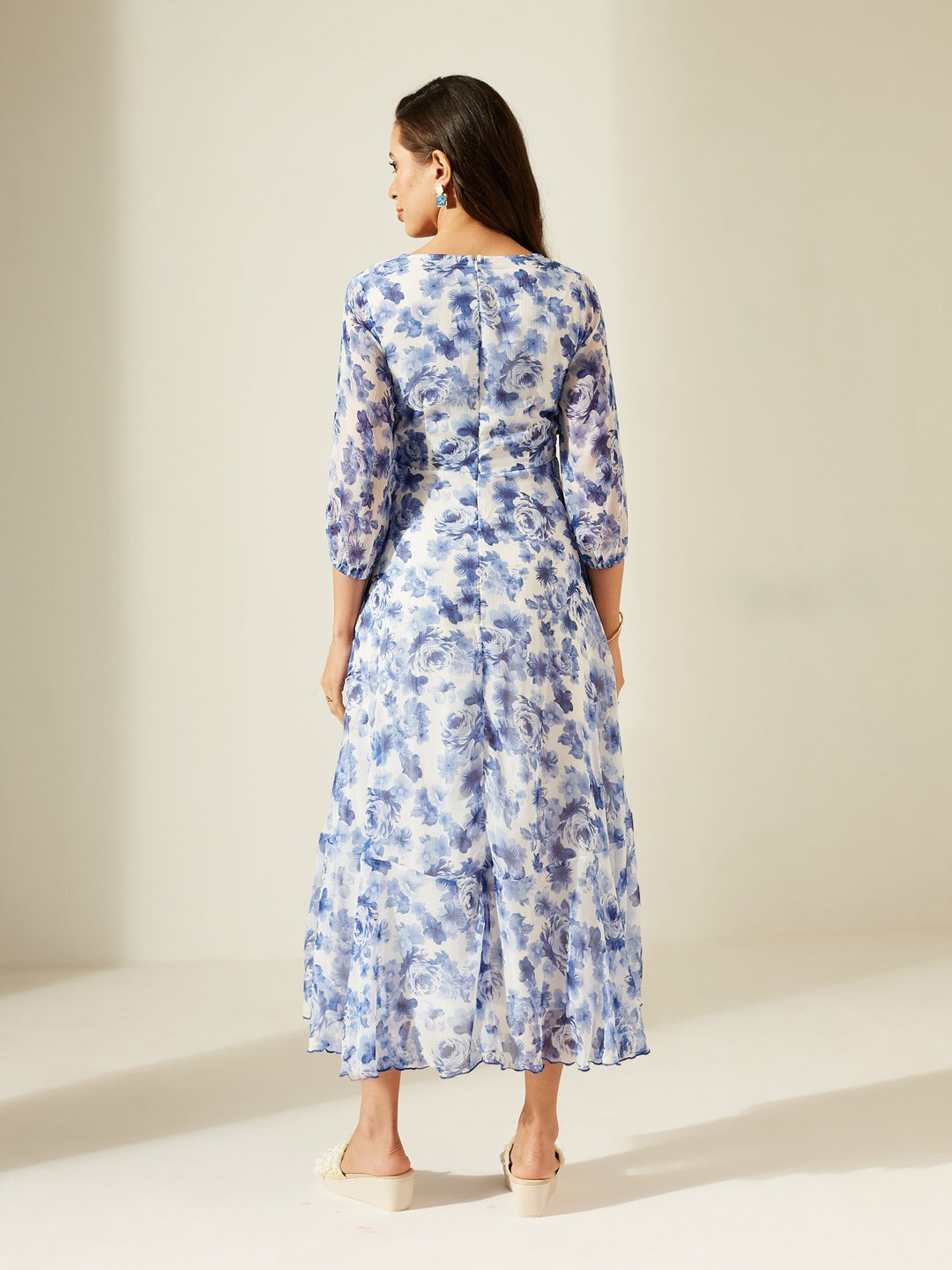 White V-Neck Three-Quarter Sleeve Floral Wrap Chiffon Midi Dress for Women
