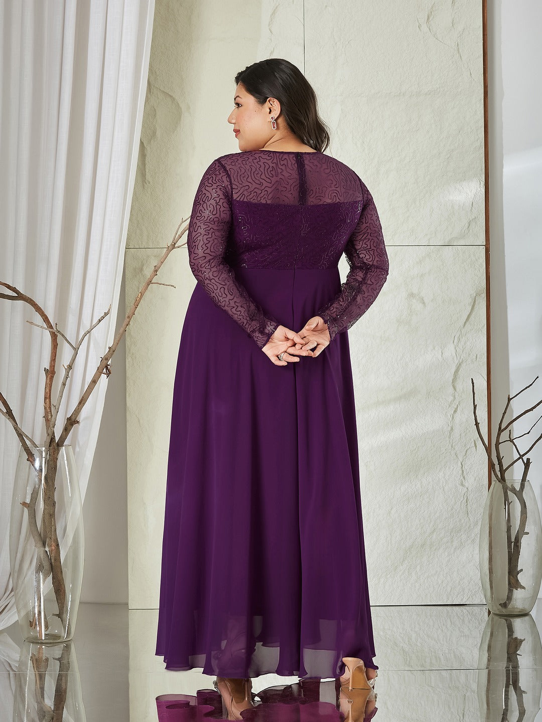 Dark Purple Solid Embellished Maxi Dress for Women