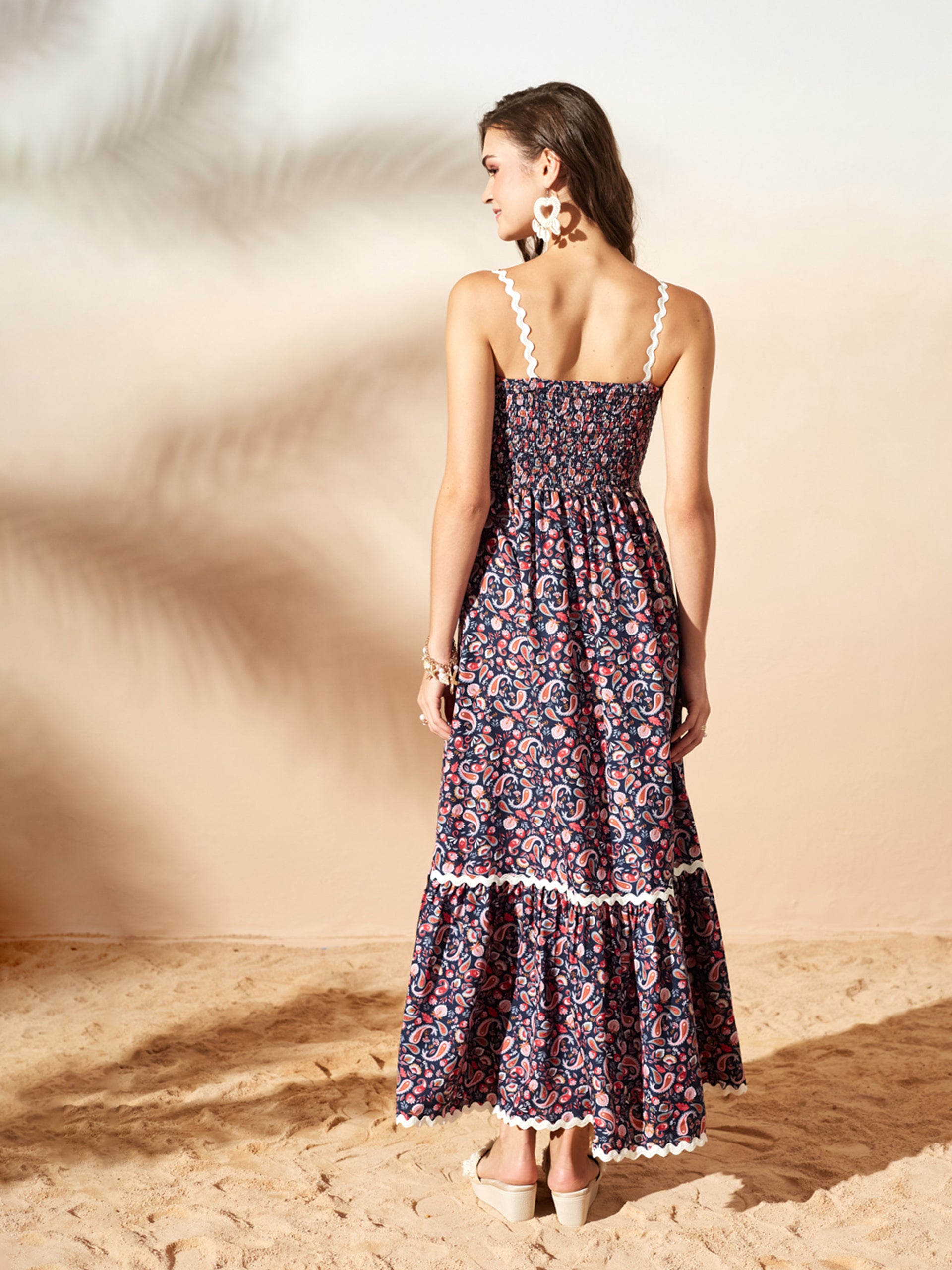 Navy Bohemian Multicolored Tiered Maxi Dress with Square Neck and Smocked Back for Women