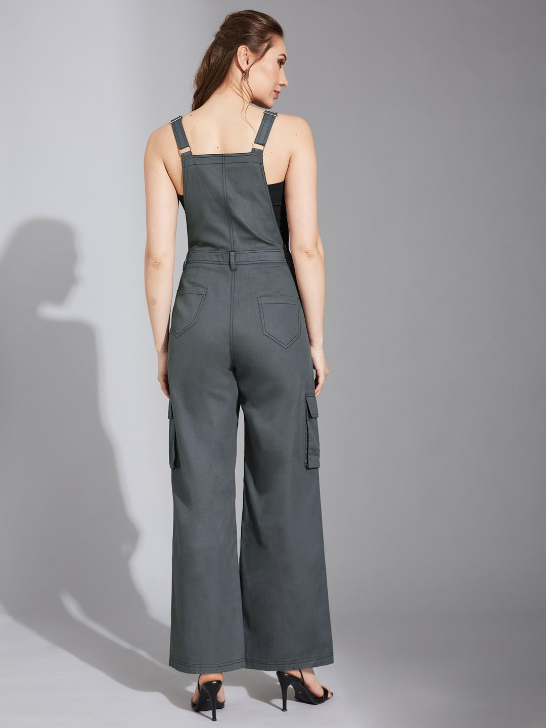 Grey Square Neck Sleeveless Solid Wide-Leg Regular-Length Polyester Dungaree for Women