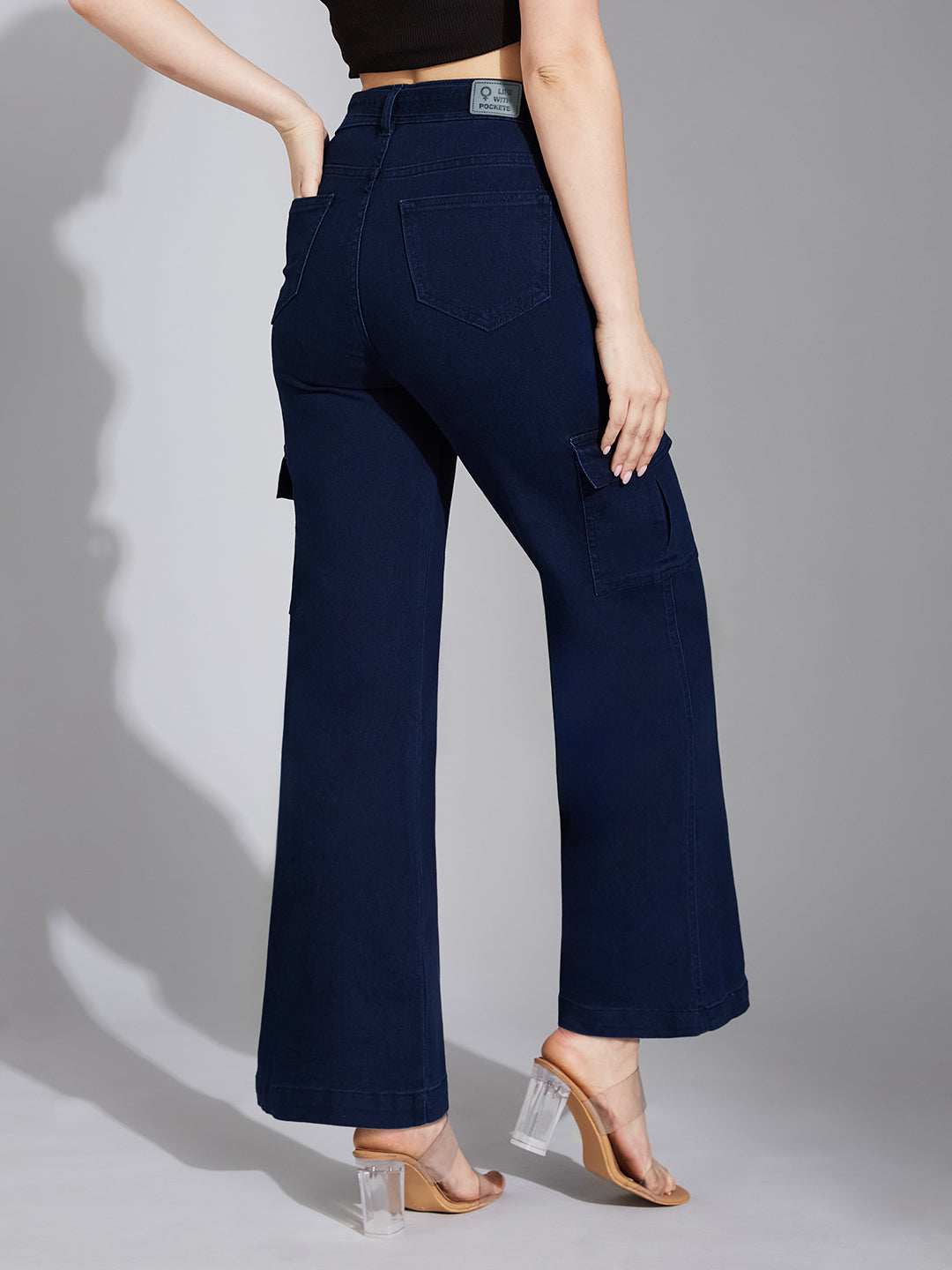 Women's Navy Blue Wide-Leg High-Rise Clean-Look Regular Stretchable Cargo Denim Jeans
