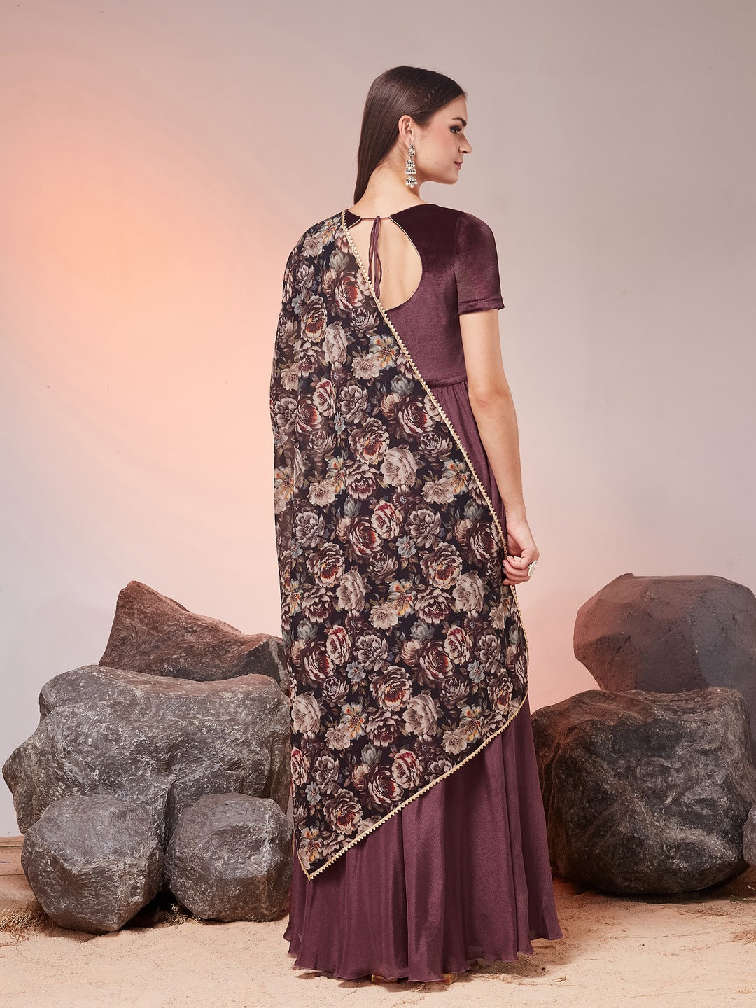 Dark Mauve Sweetheart Neck Half Sleeve Solid Fit & Flare Maxi Chiffon Ethnic Dress for Women