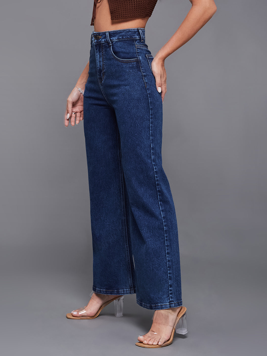 24/7 Comfort Women's Mid Blue Wide Leg High Rise Stretchable Denim Jeans