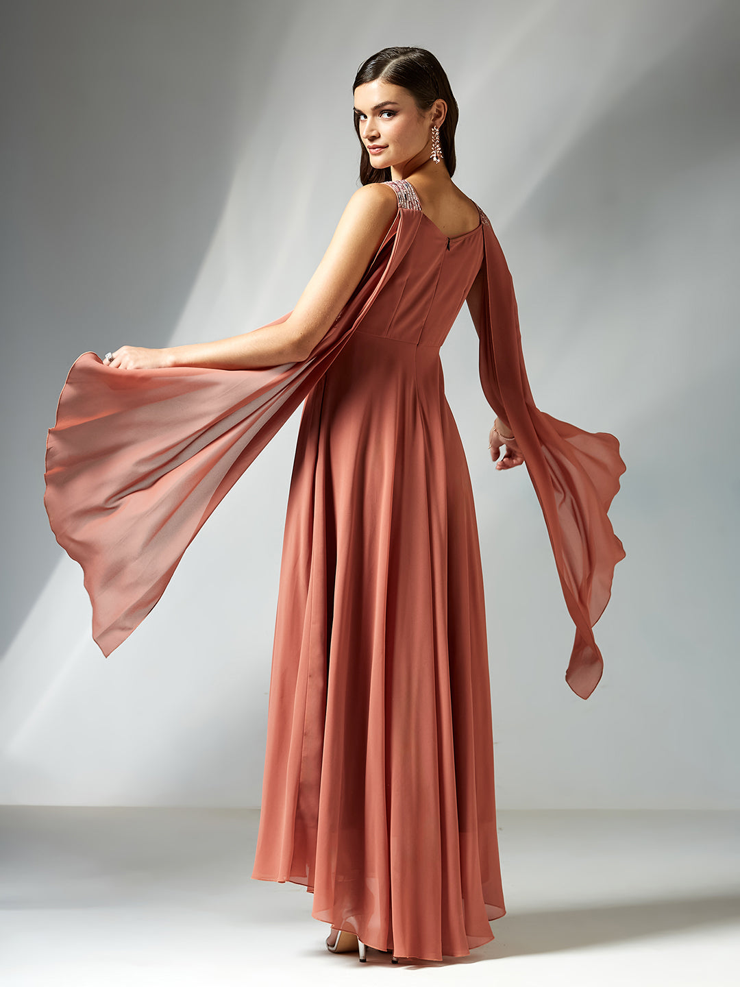 Women's Light Turquoise V-Neck Sleeveless Floral Cut-Out Georgette Maxi Dress