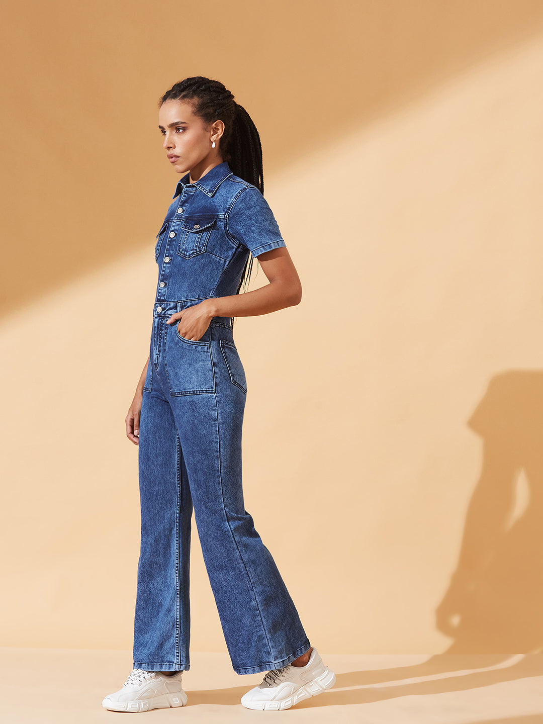 Navy-Blue Flared High-Rise Regular Stretchable Denim Jumpsuit for Women