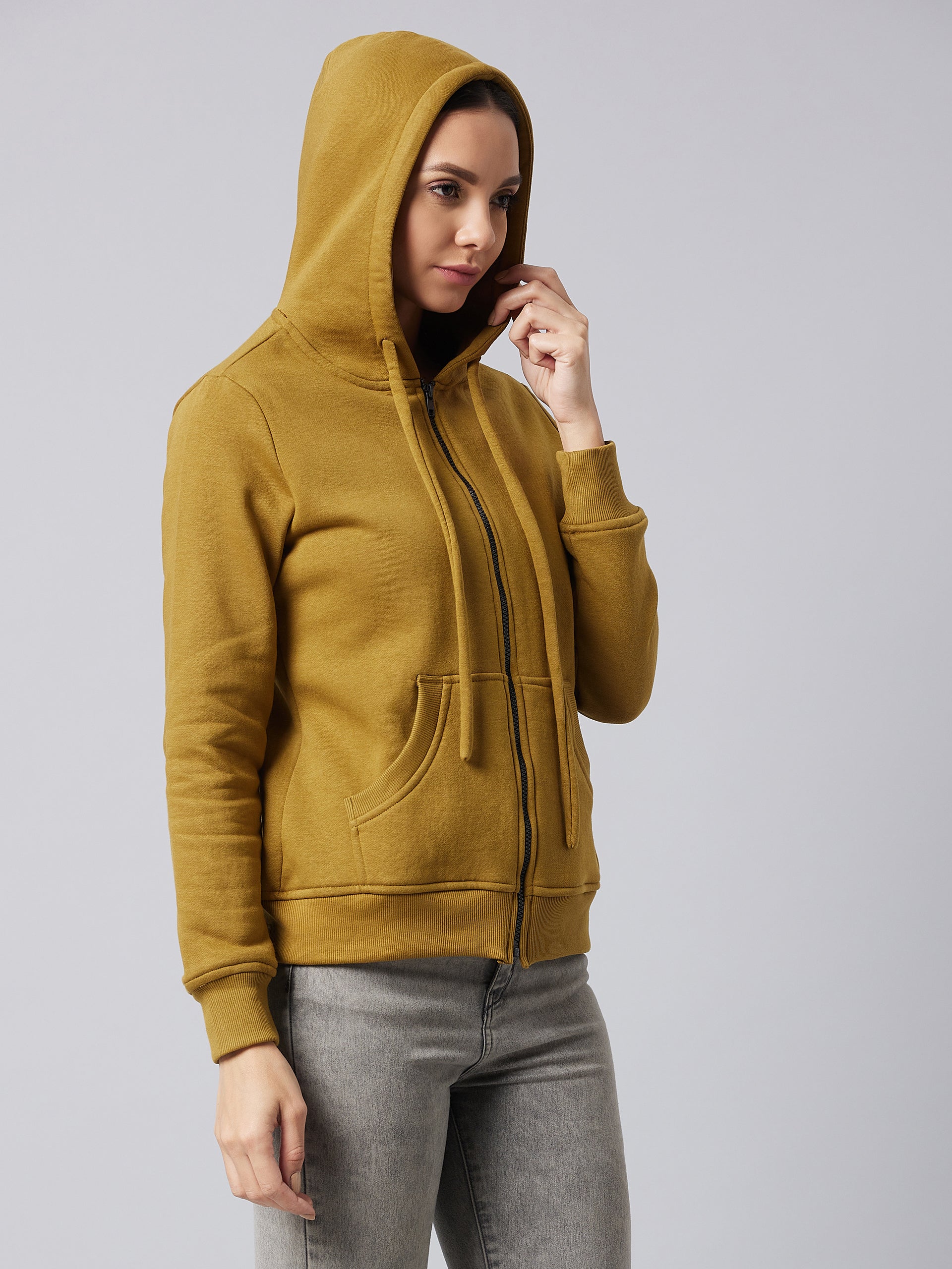 Women's Olive Round Neck Full Sleeve Solid Hooded Regular Sweatshirt