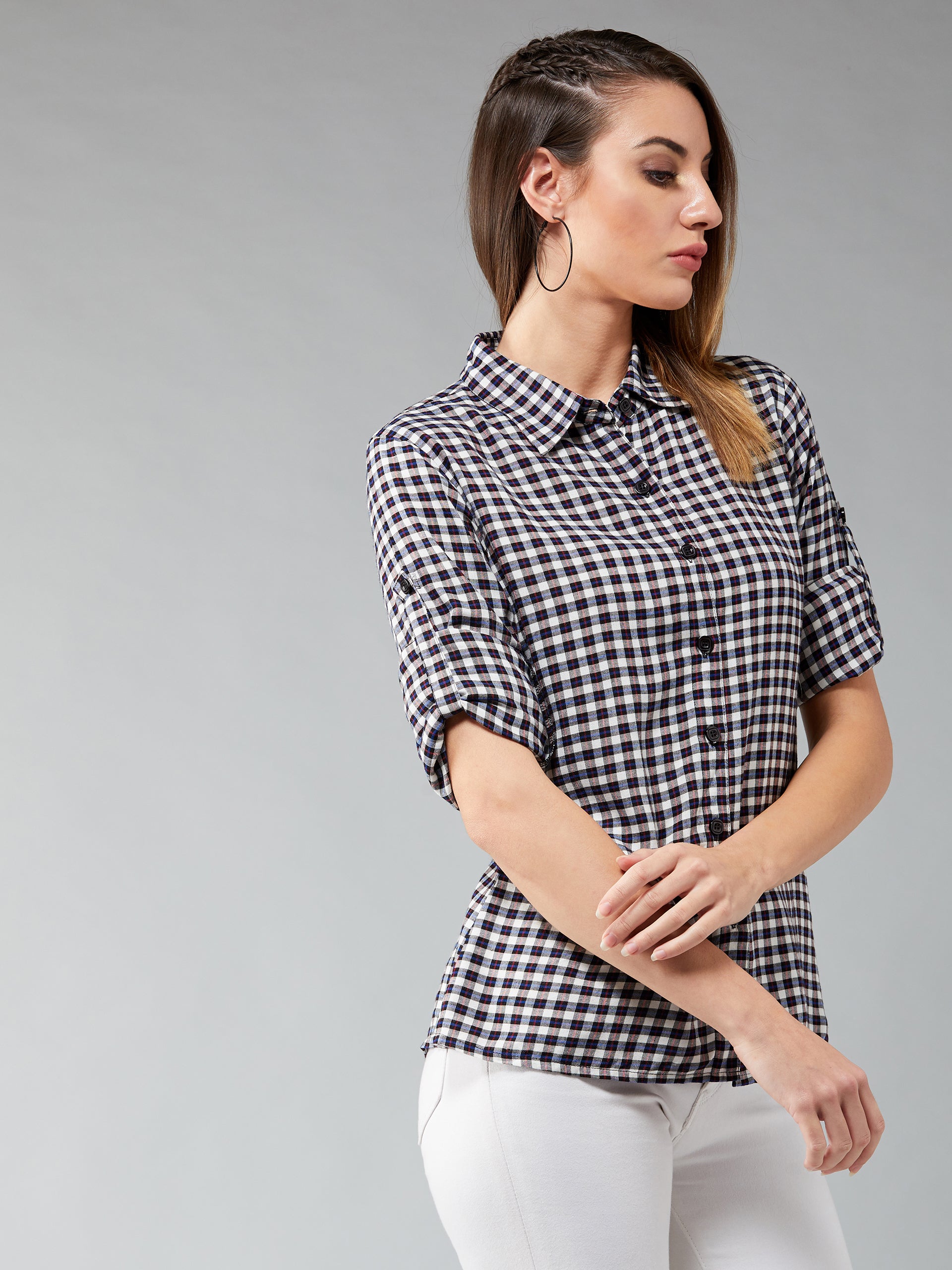 Women's Multicolored-Base-Navy Blue Round Neck Full Sleeve Checkered Basic Regular Length Shirt