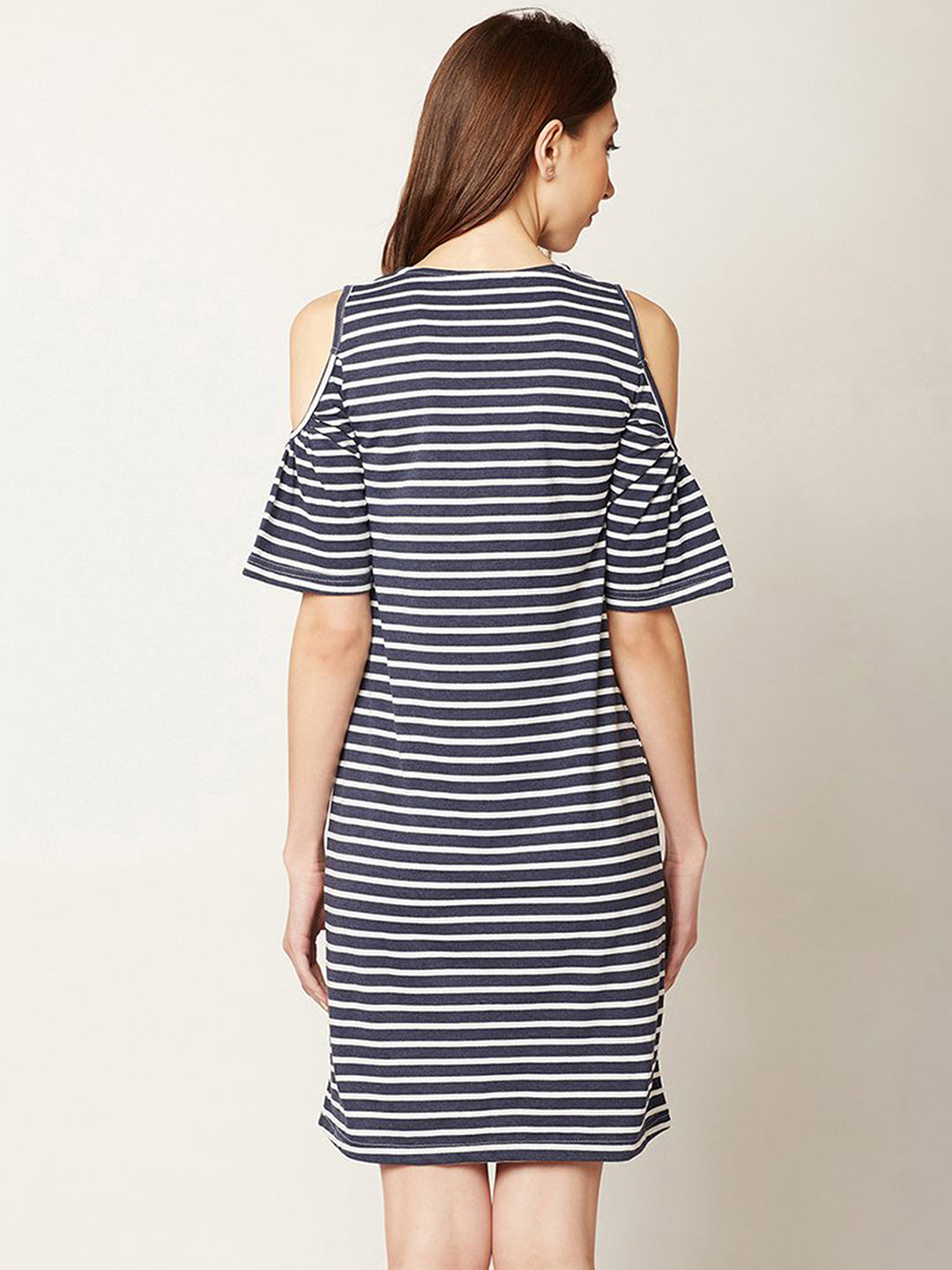 Women's Navy Blue and White Round Neck Half Sleeve Striped Mini Cold Shoulder Dress