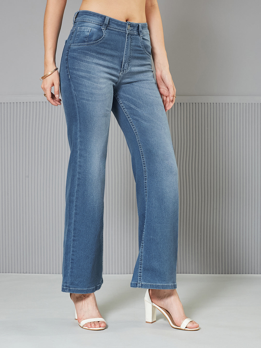 24/7 Comfort Light-Blue Wide-Leg Mid-Rise Blast Effect Light Weight Denim Jeans for Women
