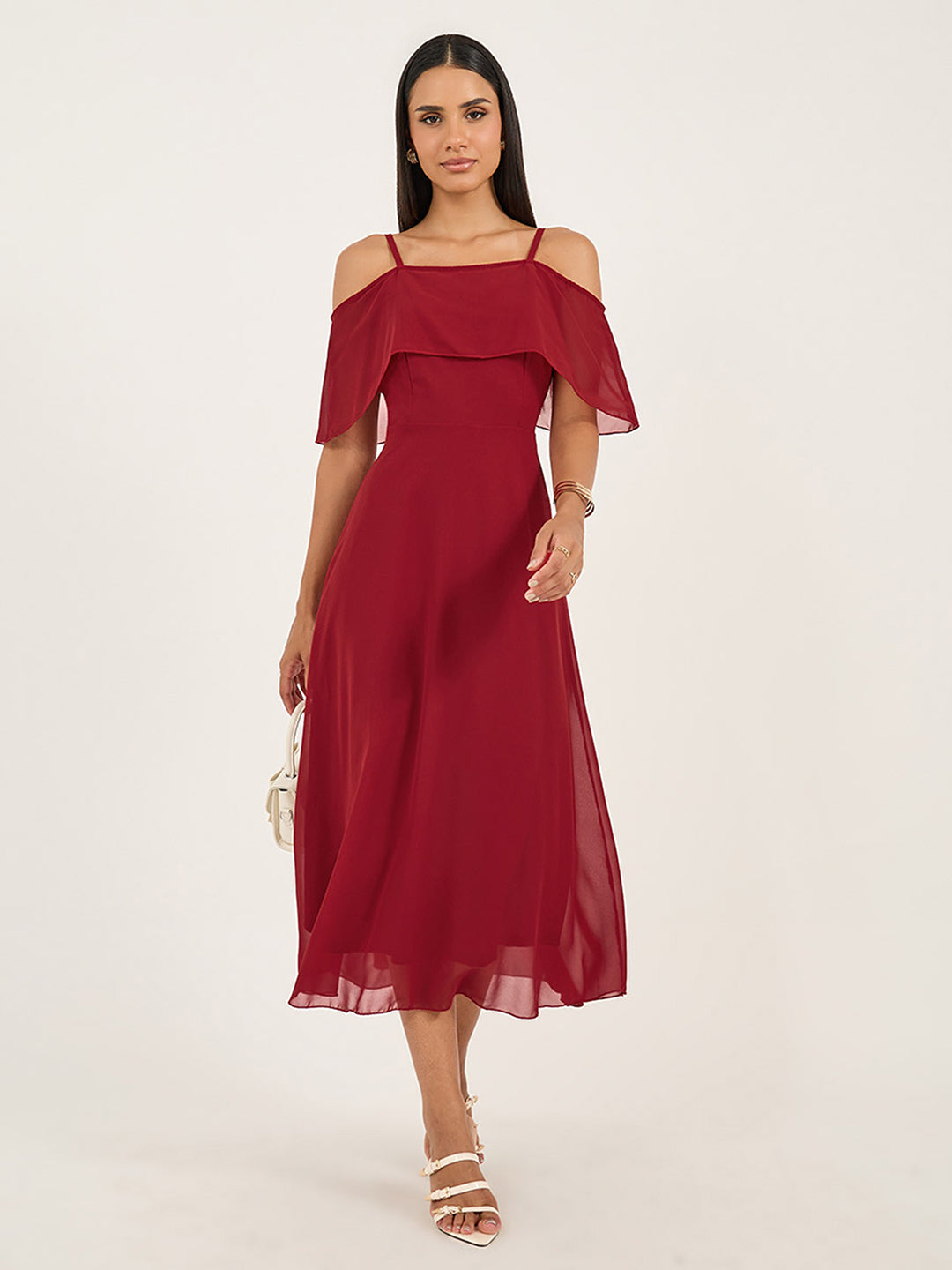 Women's Maroon Off-Shoulder Sleeveless Solid Skater Midi Dress