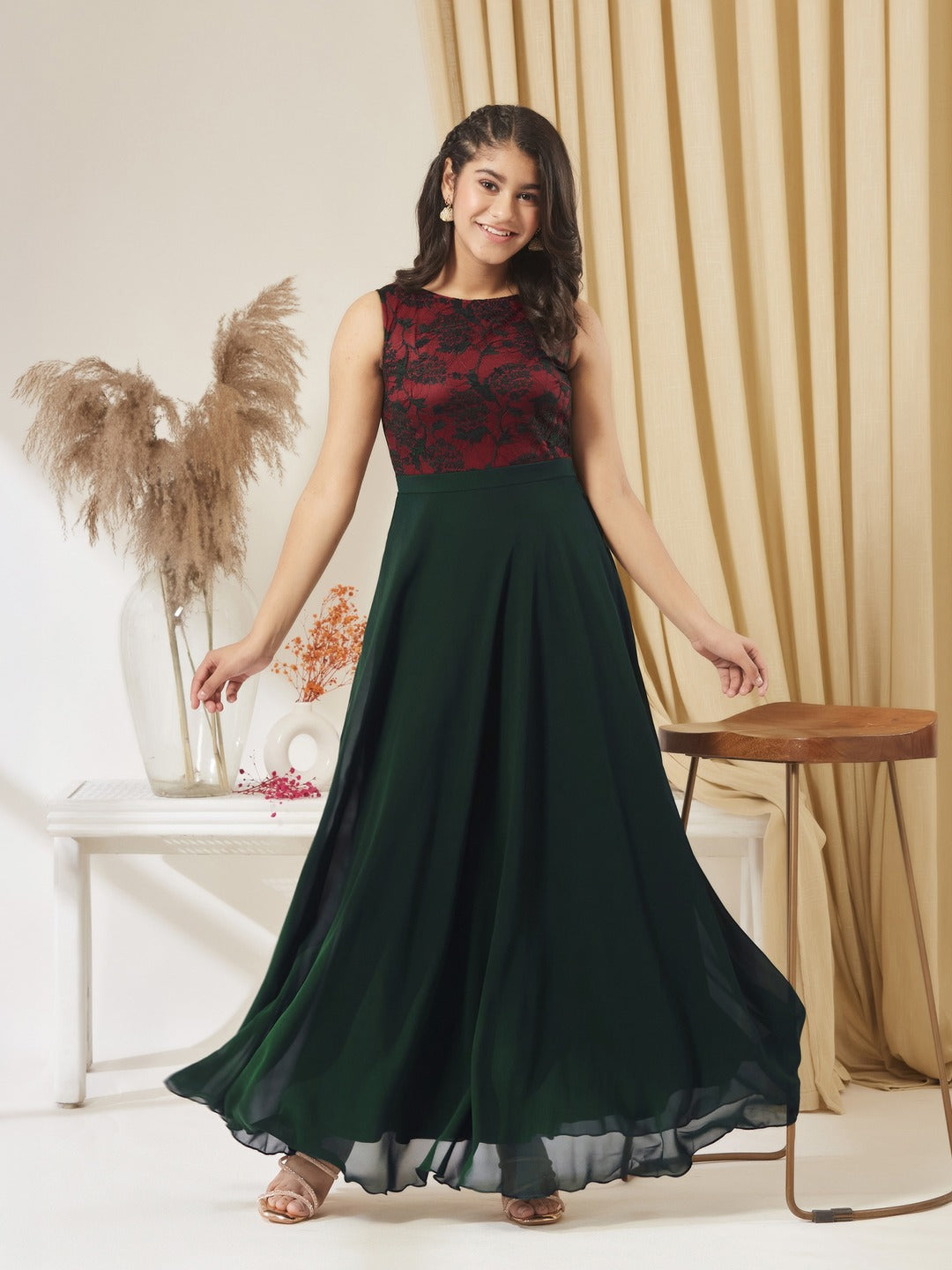 Dark Green Round Neck Sleeveless Georgette Floral Lace Fit & Flare Maxi Dress for Girls/Teenagers