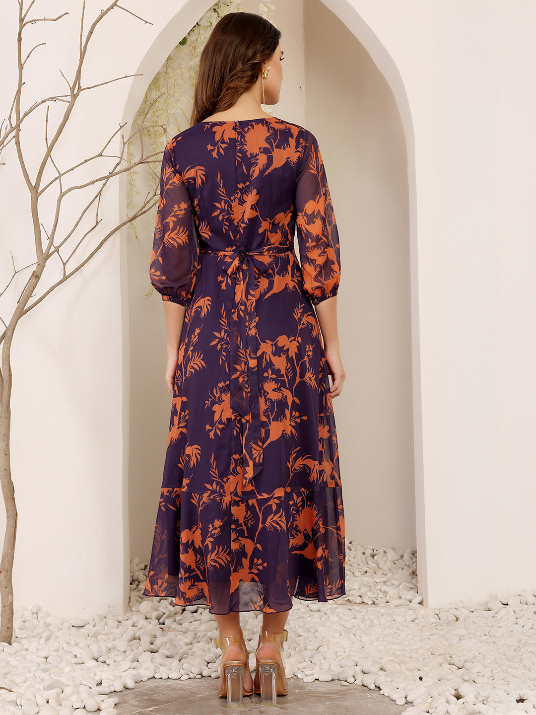 Women's Multicolored-Base-Purple V-Neck 3/4 Sleeve Floral Wrap Chiffon Midi Dress
