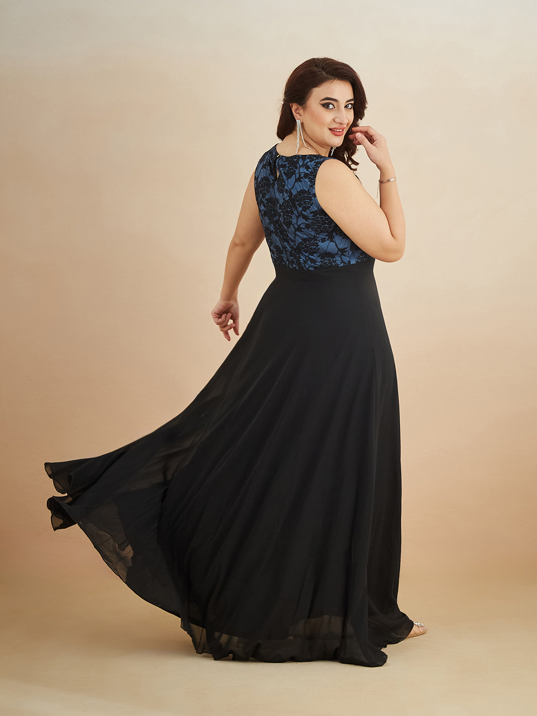 Blue & Black Round Neck Sleeveless Georgette Floral Lace Fit & Flare Maxi Dress for Women — Miss Chase A+