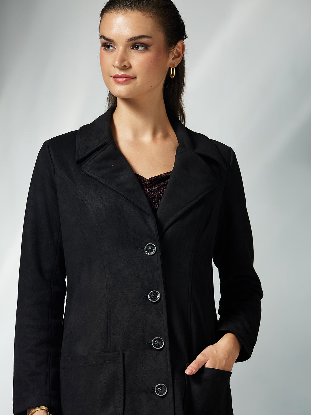 Women's Black Solid V-Neck Full Sleeves Patched Pocketed Polyester Button Down Longline Winter Wear Jacket