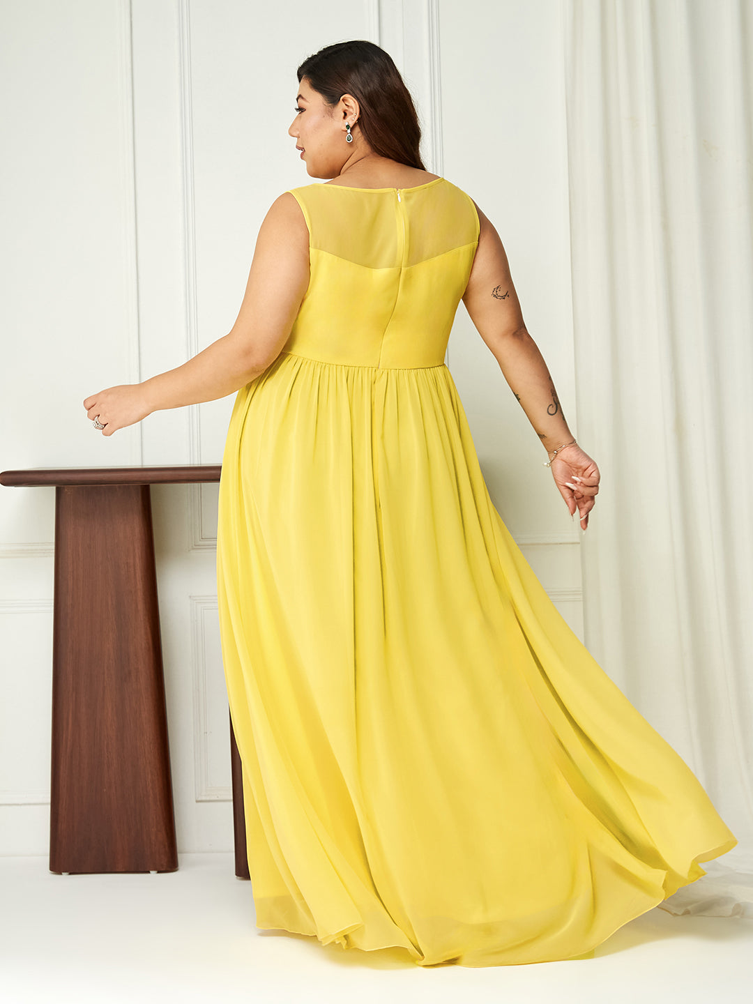 Women's Light Yellow Boat Neck Sleeveless Embroidered Georgette Gathered Maxi Dress