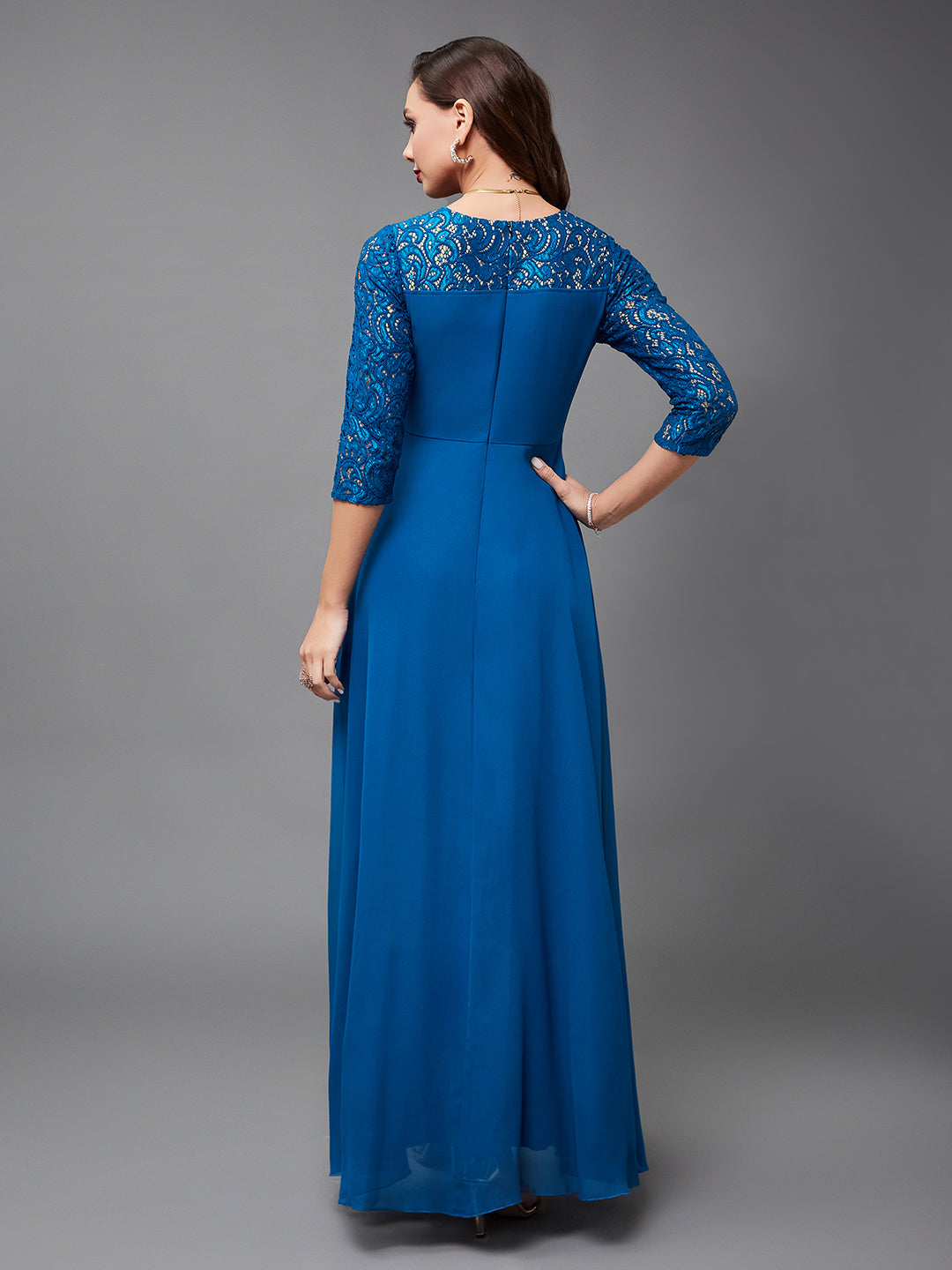 Women's Royal Blue V-Neck 3/4 Sleeve Self-Designed Wrap-Styled Georgette Maxi Dress