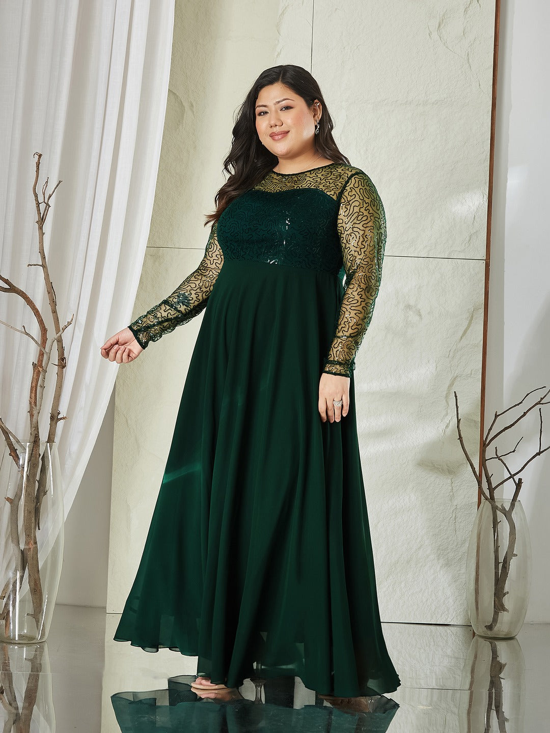 Dark Green Solid Embellished Maxi Dress for Women