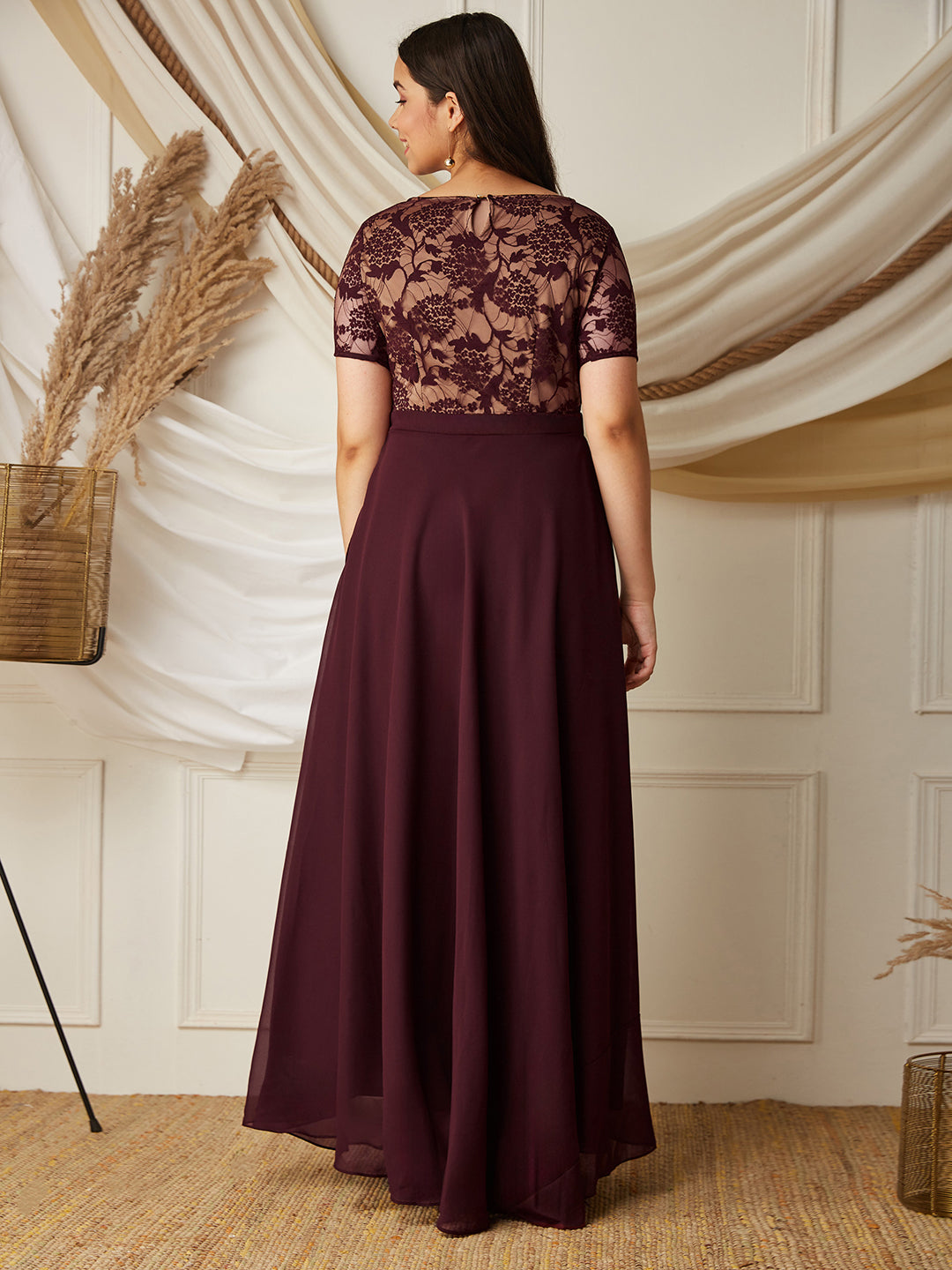 Wine & Beige Relaxed Fit  Georgette Maxi Dress