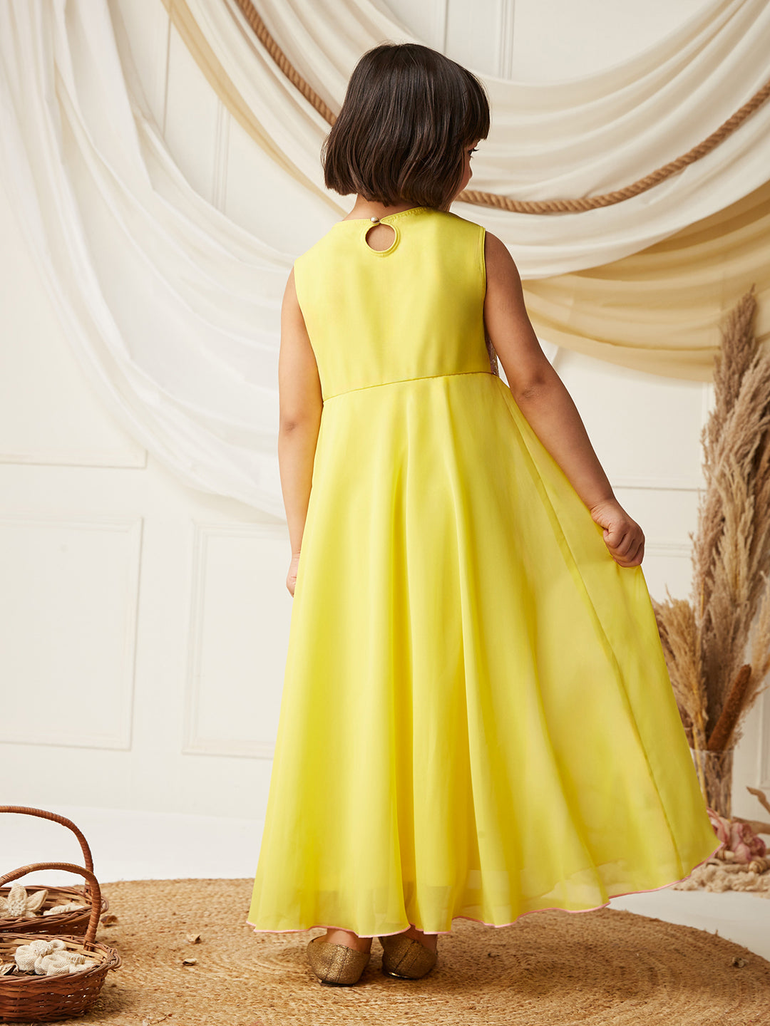Multicolored-Base-Light Yellow Round-Neck Sleeveless Embellished Flared Polyester Maxi Dress