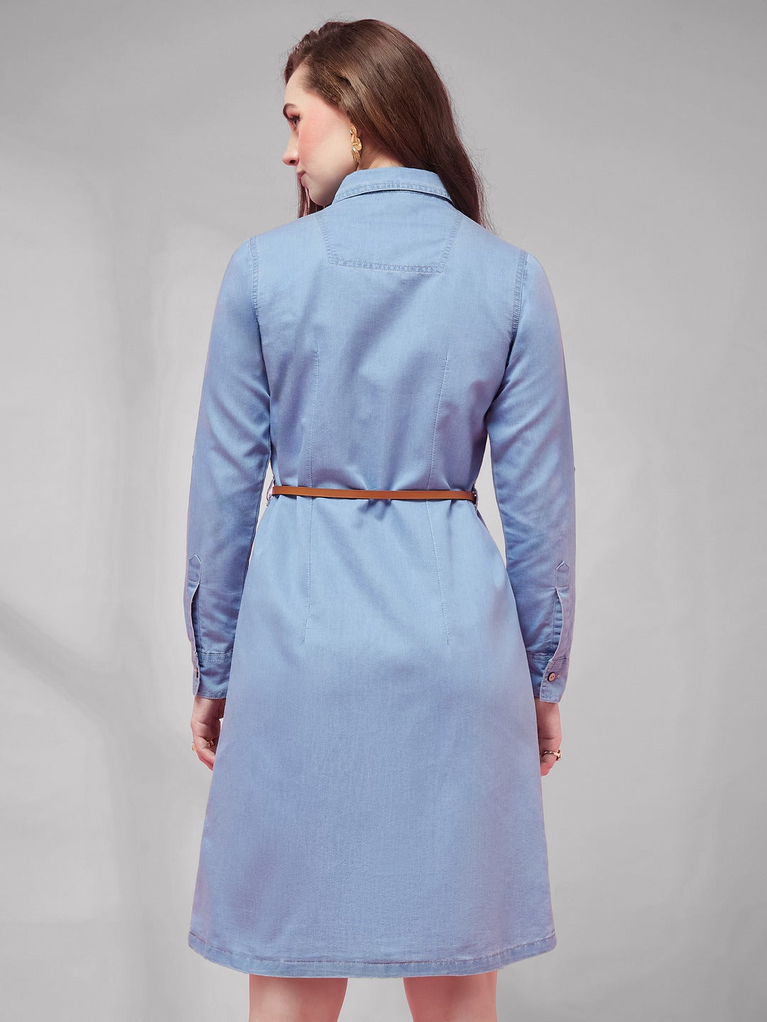 Blue Polo Neck Rolled Up Full Sleeve Denim Solid Buttoned A-Line Mini Dress for Women