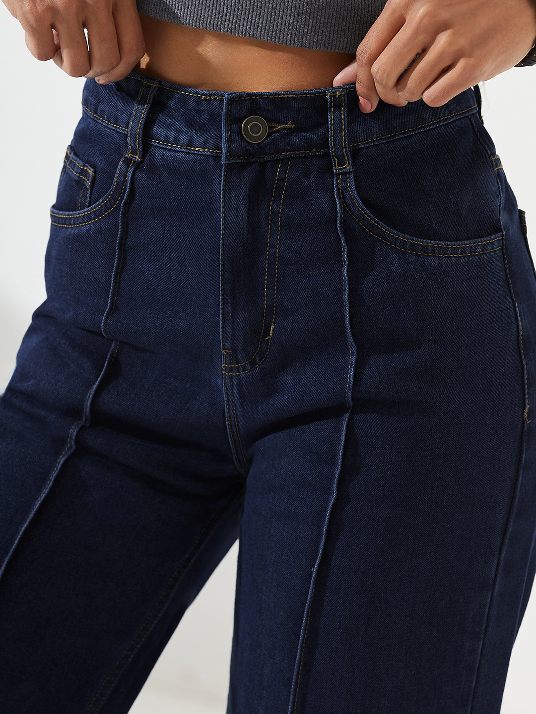 Navy Blue Wide-Leg High-Rise Non-stretchable Denim Jeans For Women