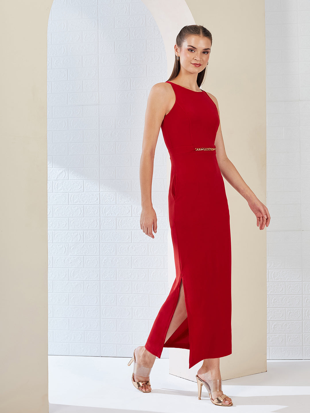 Cherry Red Solid Slim Fit Round Neck Sleeveless Maxi Dress  for Women — Miss Chase