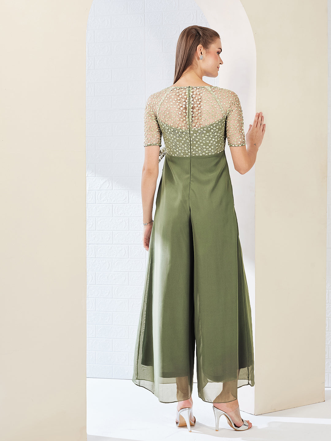 Light Green Square Neck Raglan sleeve Solid Embroidered Regular Jumpsuit for Women — Miss Chase