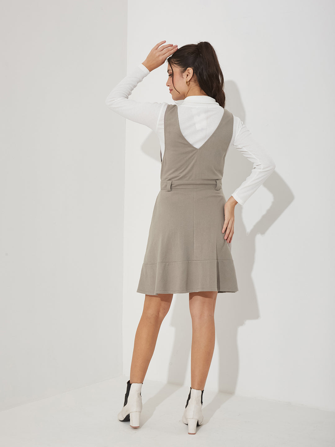 Grey Solid Polyester Pinafore Dress with Zipper Detail and Side Pockets for Women — Miss Chase