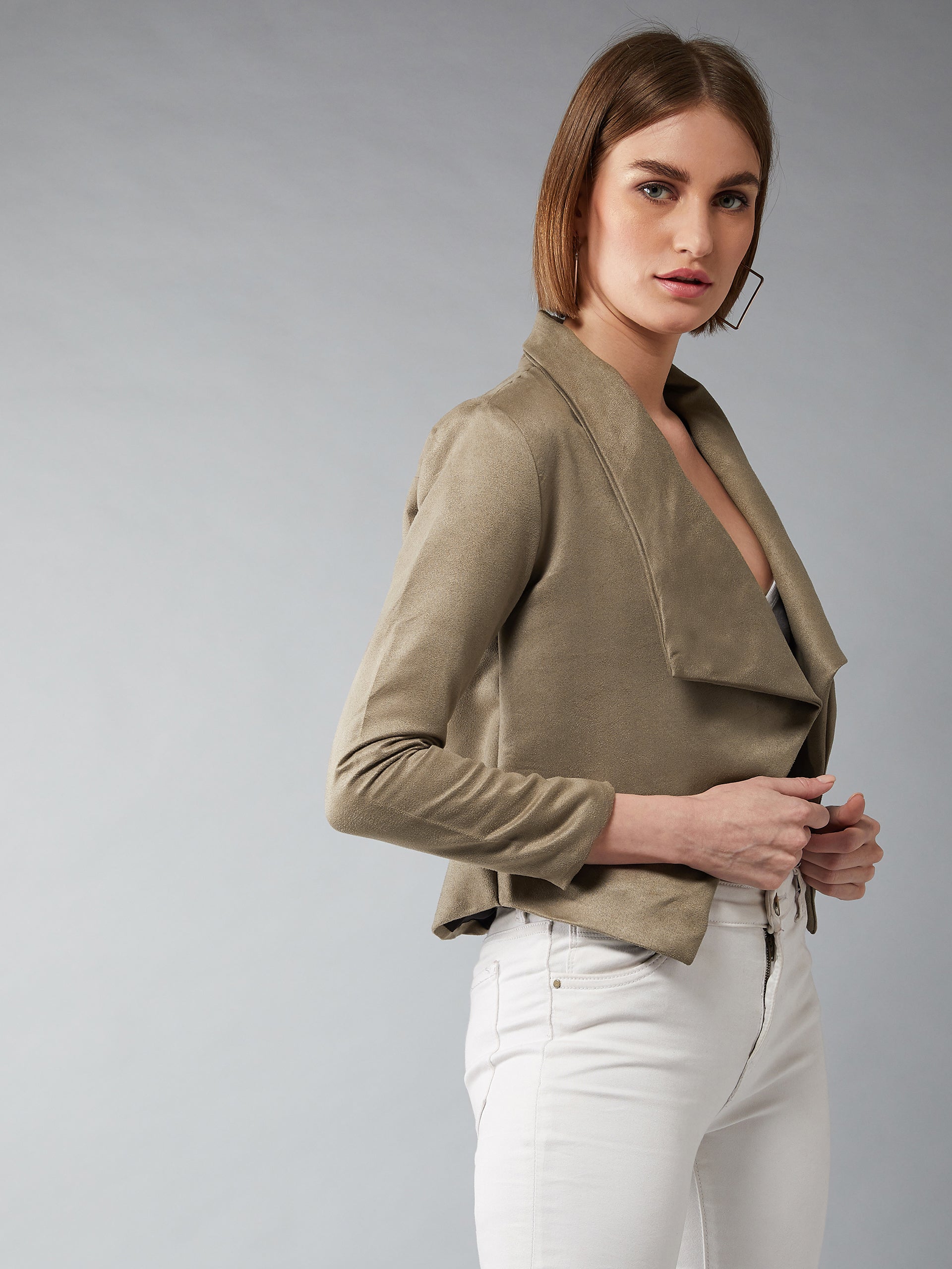 Women's Olive Green Open-Front Full Sleeves Solid Waterfall Regular Length Jacket