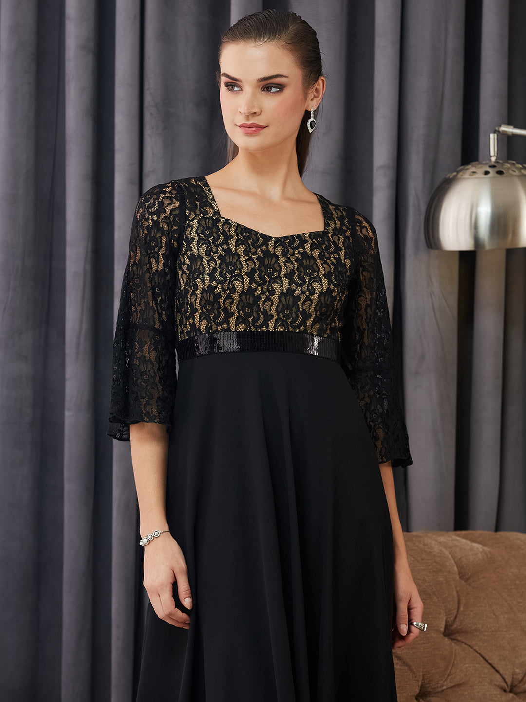Women's Black Sweetheart-Neck Full Sleeve Floral Lace-Overlaid Georgette Maxi Dress