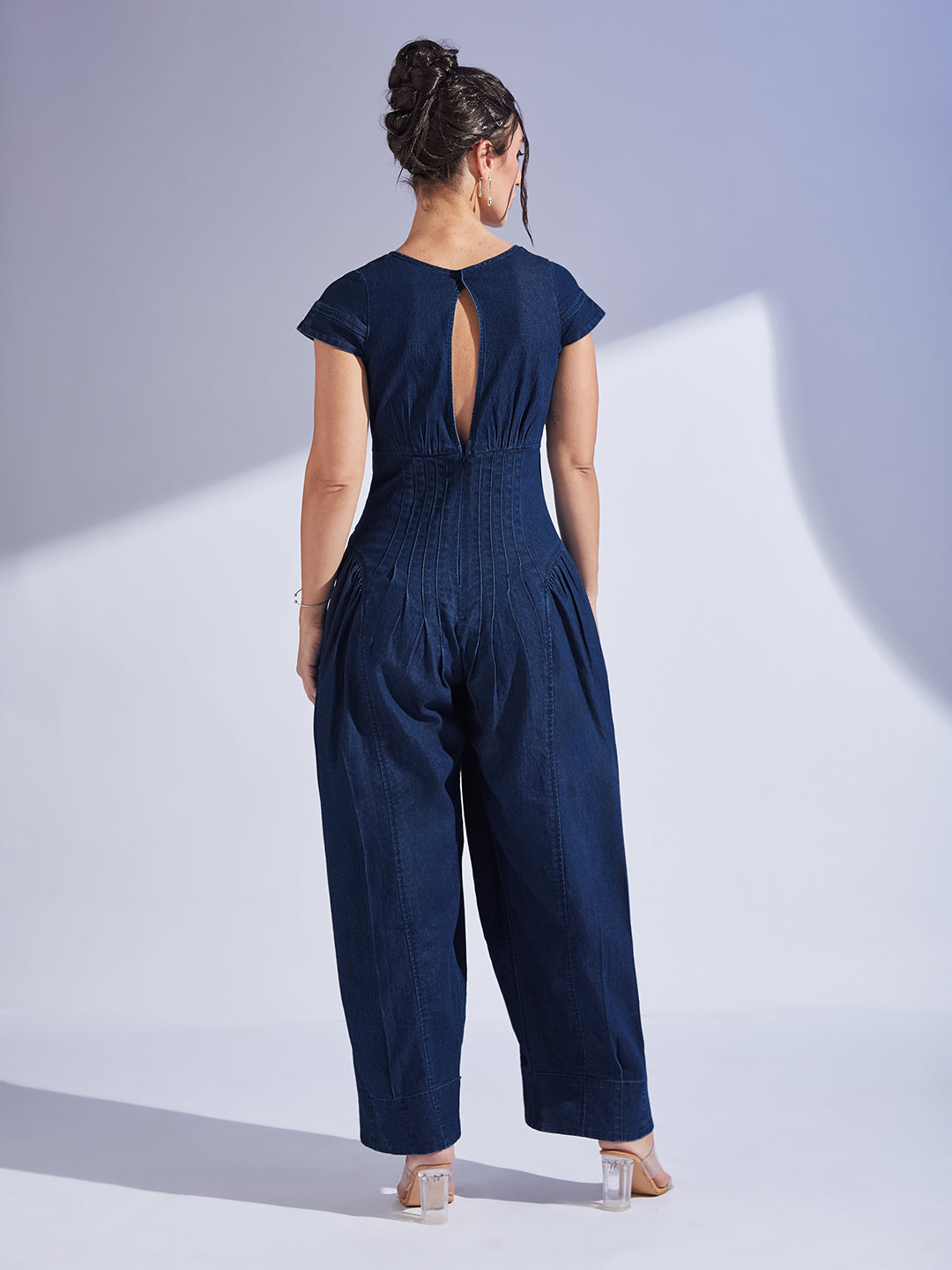 Women's Navy Blue Scoop Neck Cap Sleeve Pin Tucked Dhoti Style Denim Jumpsuit
