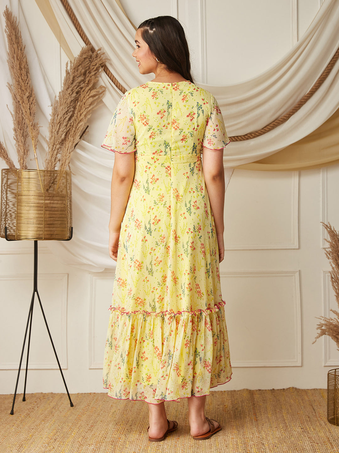 Multicolored-Base-Yellow V Neck Flared Sleeve Floral Wrap Maxi Dress
