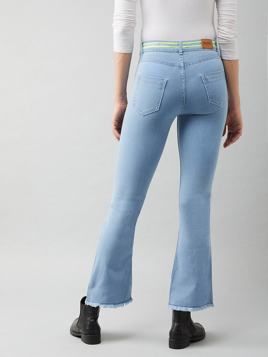 Women's Light Blue Bootcut High Rise Cropped Denim Stretchable Jeans