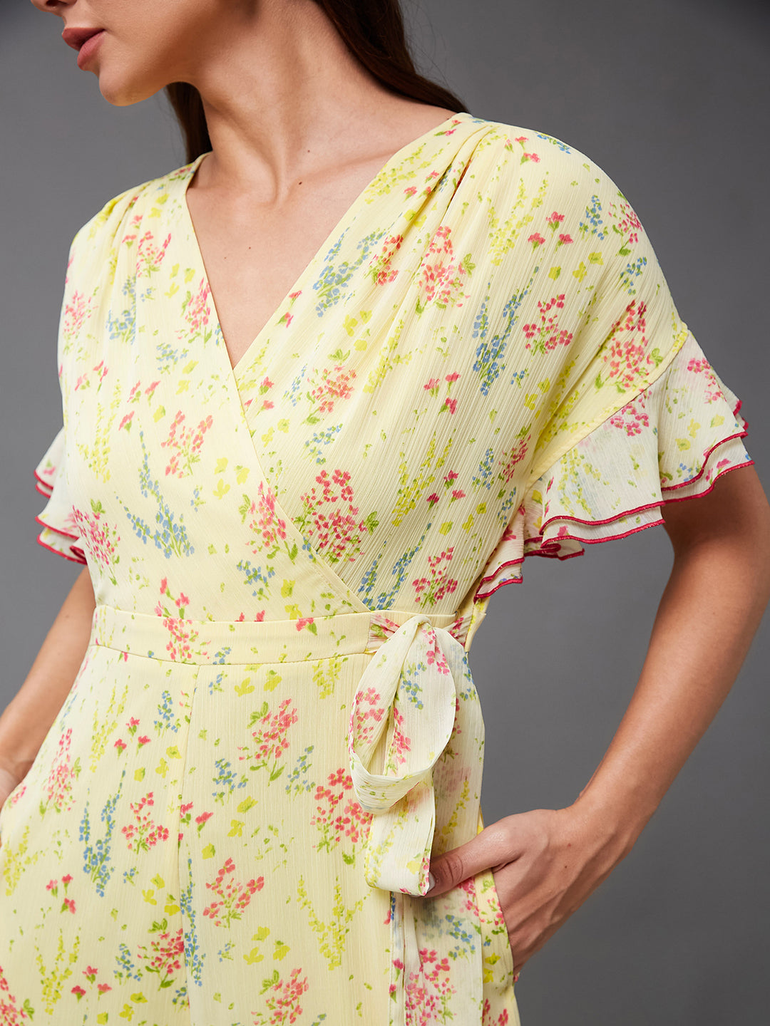 Women's Multicolored-Base-Lime Yellow V-Neck Half Sleeve Floral Wrap Regular-Length Chiffon Jumpsuit