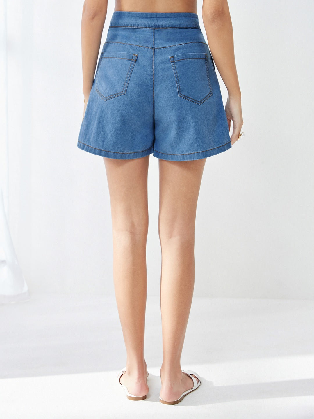 Blue Flared High-Rise Clean-Look Regular-Length Stretchable Special Light-Weight Denim Shorts for Women