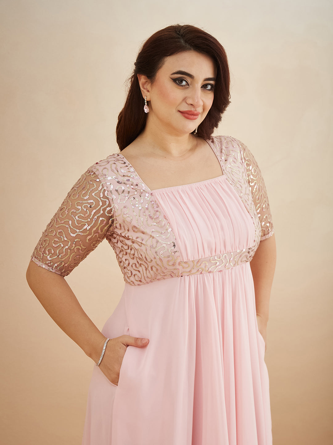 Dusty Pink Square Neck Half Sleeve Solid Embellished Maxi Dress for Women