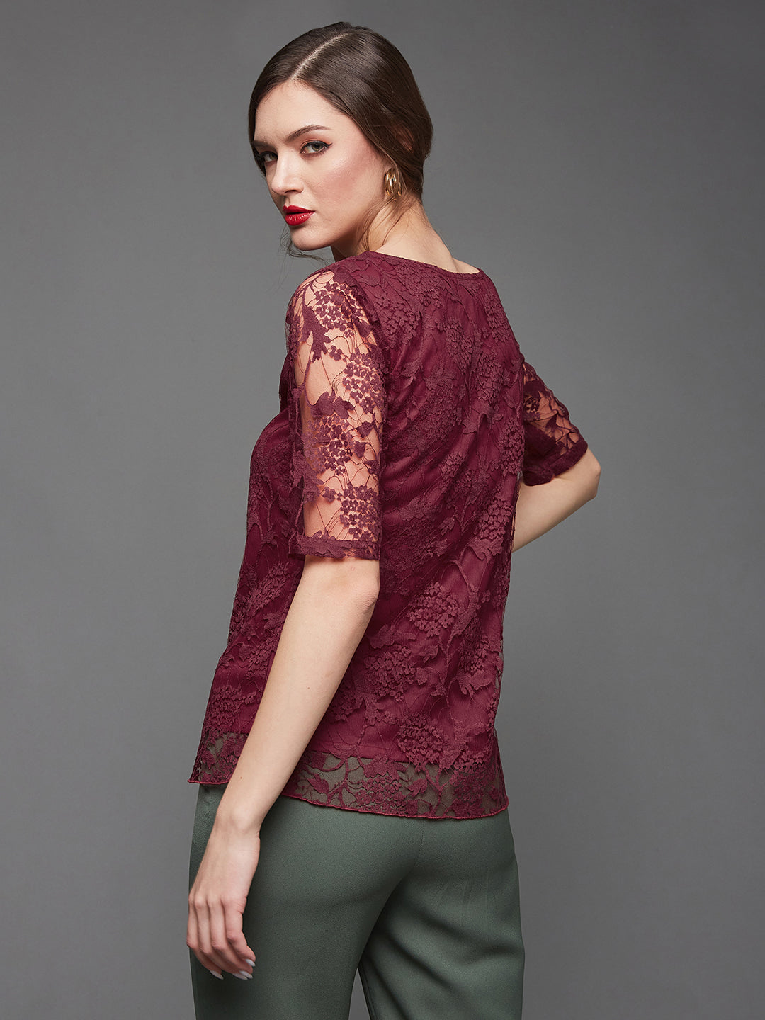 Women's Maroon Relaxed Fit  Regular Lace Top